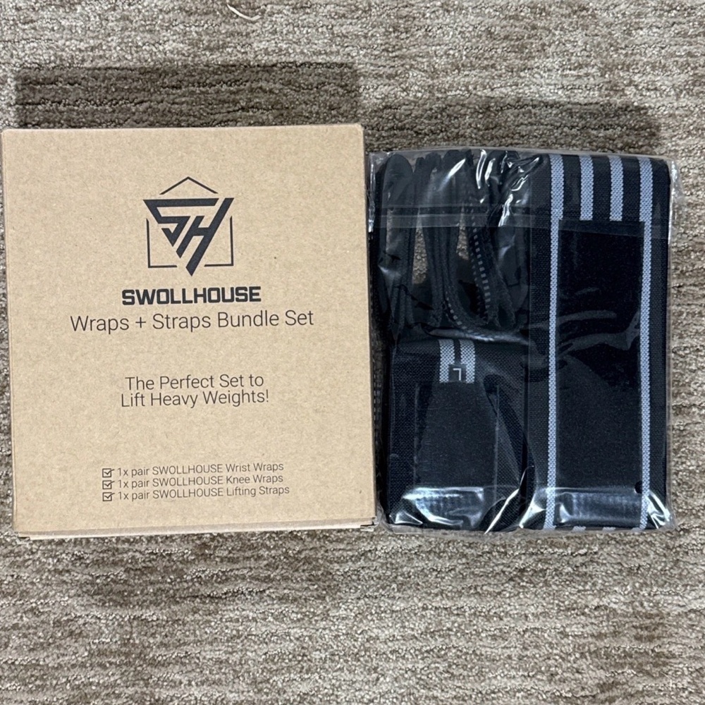 SWOLLHOUSE Knee Wraps + Wrist Wraps + Weight Lifting Straps Bundle - Picture 3 of 3